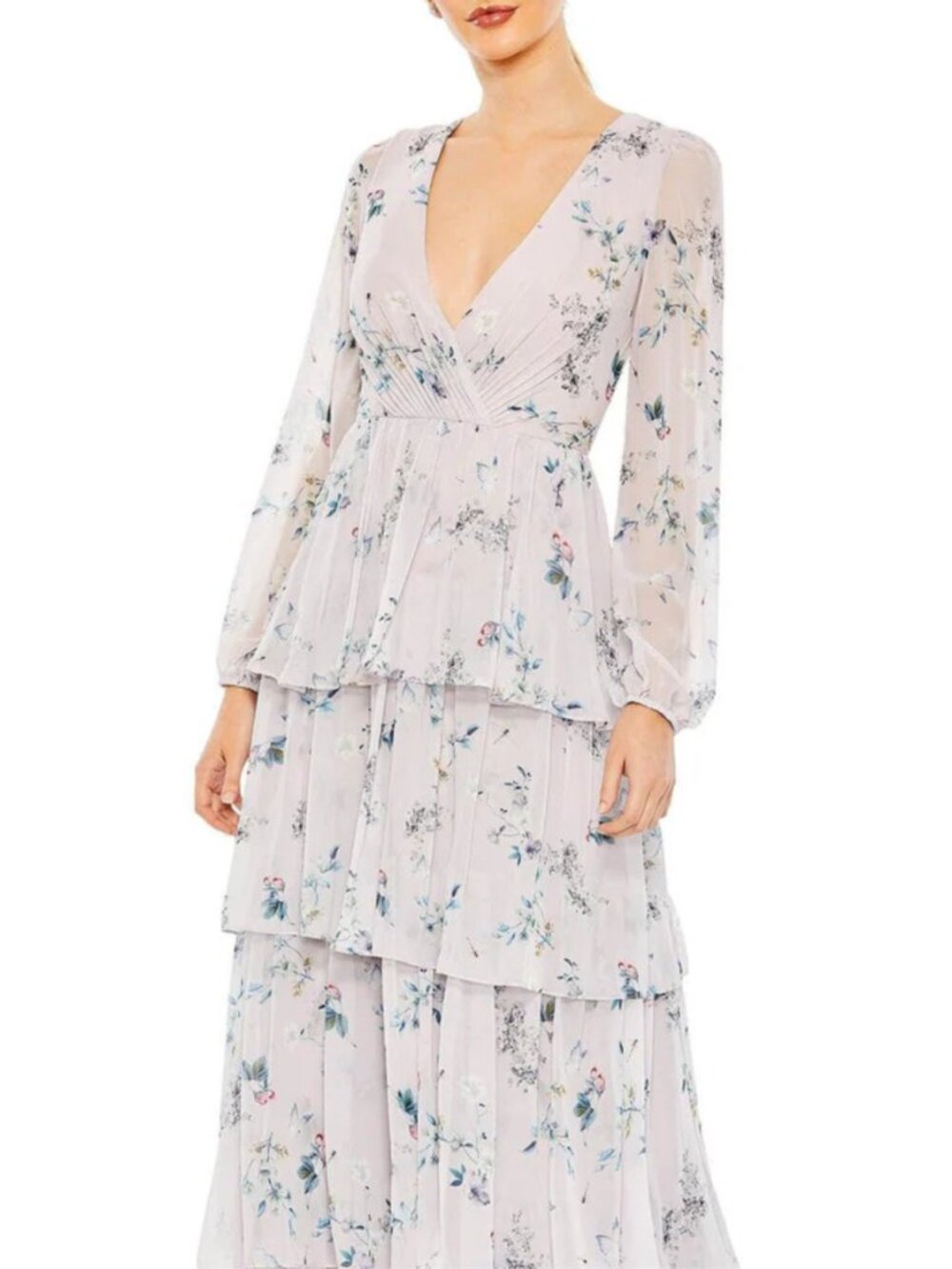 Ieena for Mac Duggal Floral Ruffle Tiered V-neck A-line Midi Dress, Blush, US 6